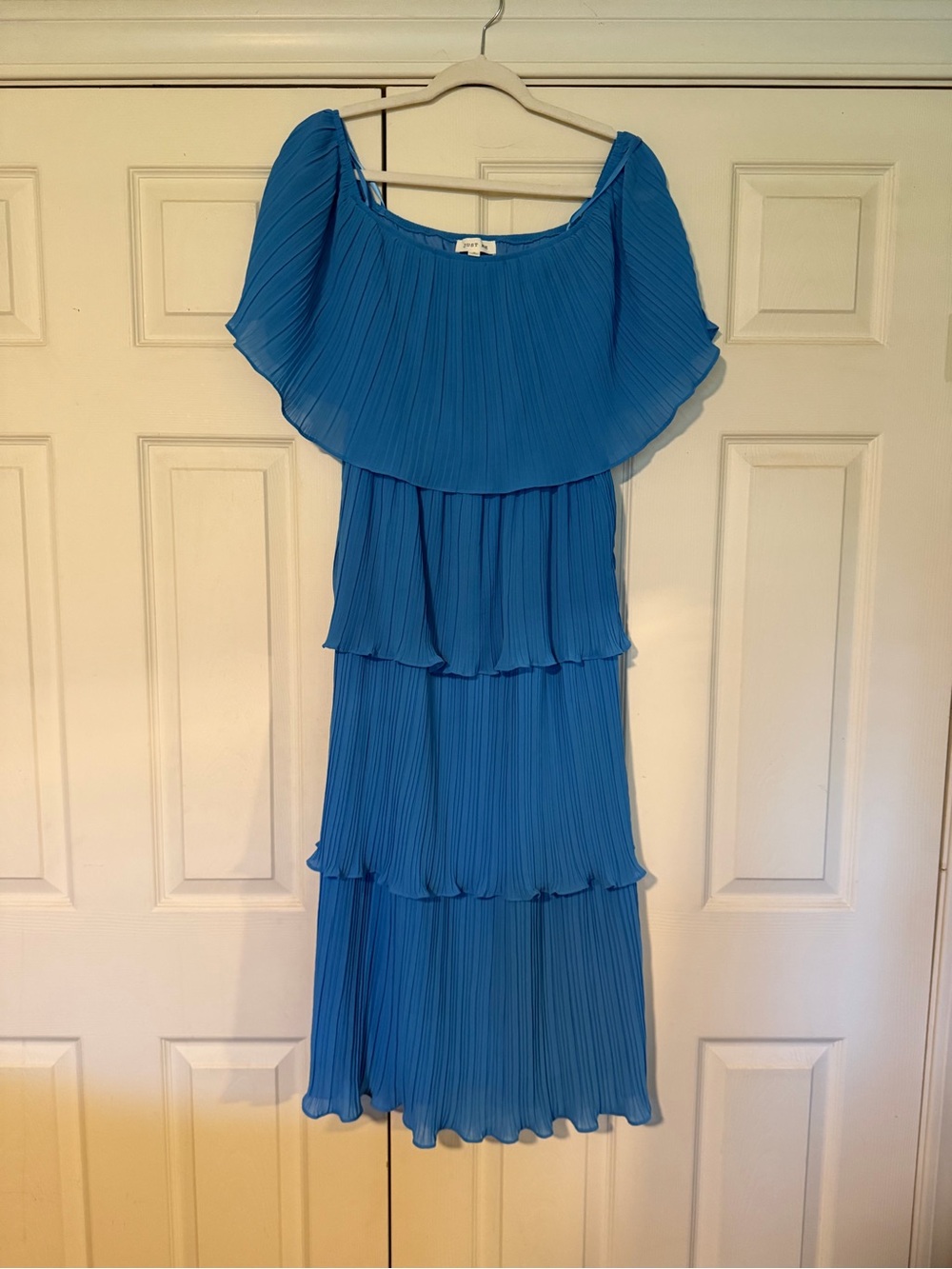 Blue Tiered Pleated Off-Shoulder Dress from red dress boutique